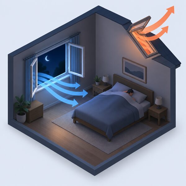 A dark bedroom at night with a casement window swung fully open, cool outside air flowing in across the room and warm stored air leaving through a second opening, shown with simple airflow arrows.