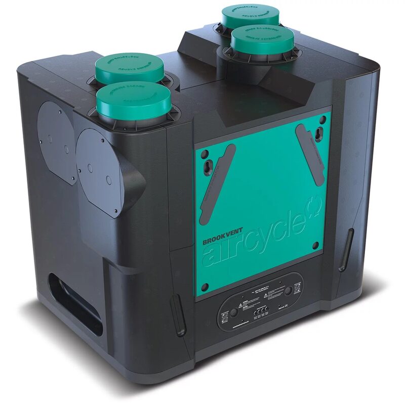 A Brookvent aircycle MVHR heat recovery ventilation unit, a black box with green spigots and panel, on a white background