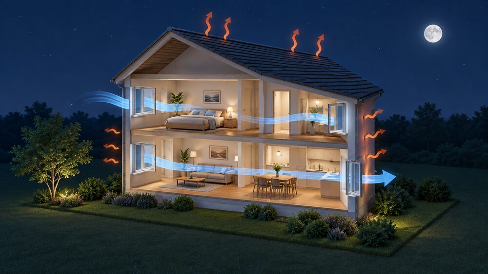 A cutaway house at night with windows wide open on opposite faces so cool night air flows straight through the rooms, one window as the inlet and another as the outlet, with warm stored heat leaving the building fabric.