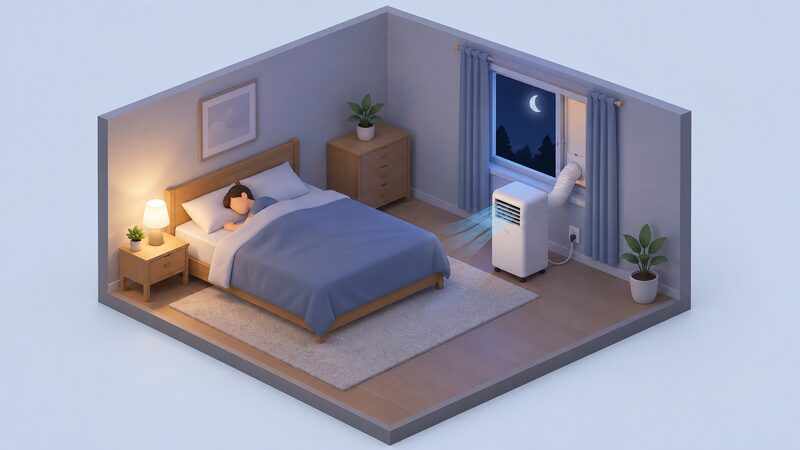 A small isometric bedroom at night where a portable air conditioner on the floor, connected by a flexible duct to a window vent kit sealing the open window, cools the room while a person sleeps in the bed.