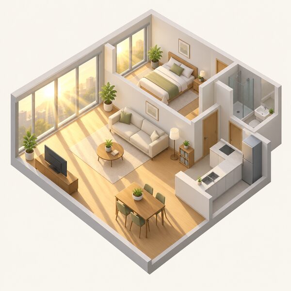 A simple isometric cutaway of a modern flat interior with large south or west facing windows, bright sunlight streaming through the glass onto the floor and furniture, drawn as an everyday scene with no people.