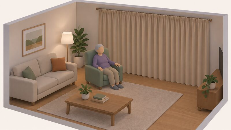 An older person sits in an armchair in a living room where the curtains are fully drawn across a large window, blocking bright afternoon sunlight so the room falls in soft shade while heat stays outside.