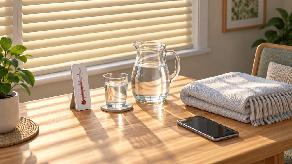 A sunlit table by a window with closed blinds holds a room thermometer, a jug and glass of water, a folded light blanket and a mobile phone, suggesting a hot afternoon in an older person's home.