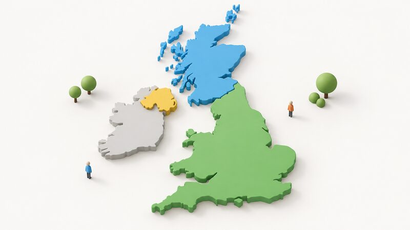 A simplified map of the four UK nations shown as plain colour regions, with England and Wales shaded alike to indicate a shared Part O structure, Scotland shaded differently for its energy-standards route, and Northern Ireland shaded differently again for having no dedicated overheating standard.