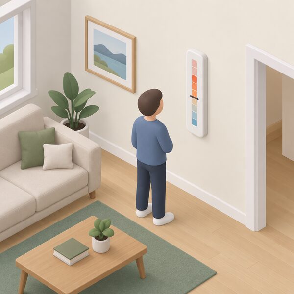 A simple wall-mounted thermometer on the interior wall of a plain living room in a modern Scottish home, with a small isometric figure standing beside it looking at the reading, and a plain threshold line marked on the thermometer scale that the reading sits above.