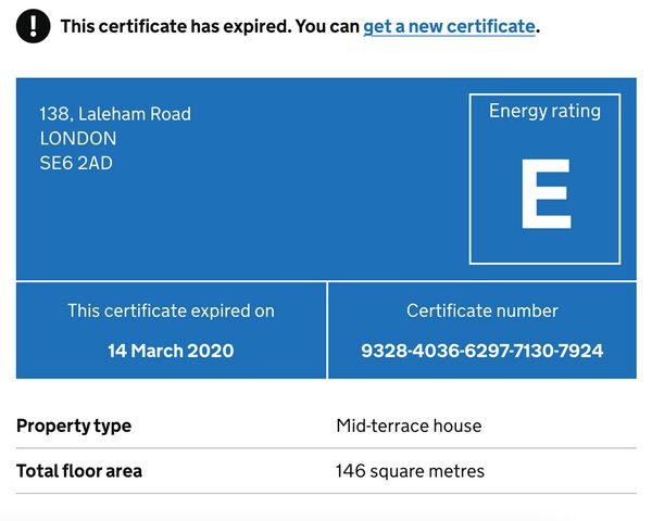 An expired Energy Performance Certificate for a London mid-terrace house showing an energy rating of E