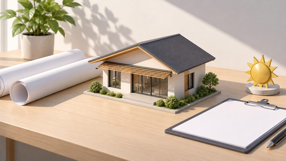 A small model of a modern house with a deep roof overhang shading its windows sits on a desk beside blank rolled building regulation documents, a clipboard and a sun-shaped paperweight, suggesting the design choices that keep a new home cool in summer.
