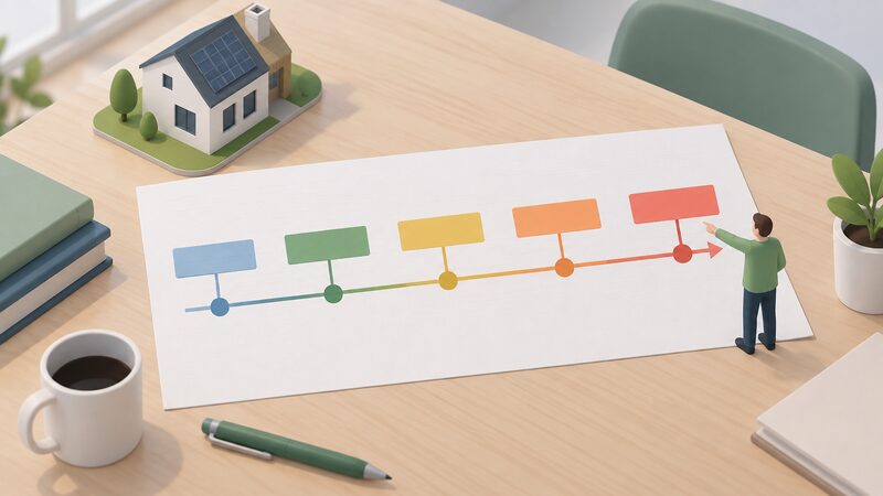 A printed timeline sheet lying on a table, drawn as a horizontal line with plain colour markers and simple milestone blocks for the energy standards, the New Build Heat Standard and the 2033 efficiency deadline, with a small isometric figure pointing at the final marker.