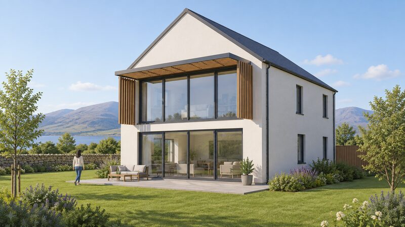 A simplified new build Scottish house seen from outside, with large south facing windows on the main facade and external shading devices such as an overhang and side fins above the glazing, set in a modest garden under a plain sky.