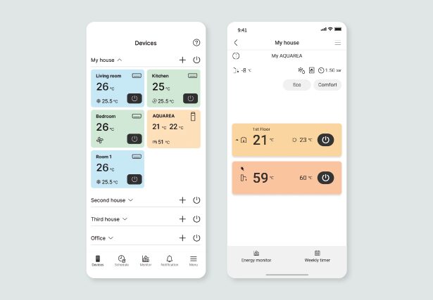 Two smartphone screenshots of the Panasonic Comfort Cloud app showing heat pump device controls and room temperatures
