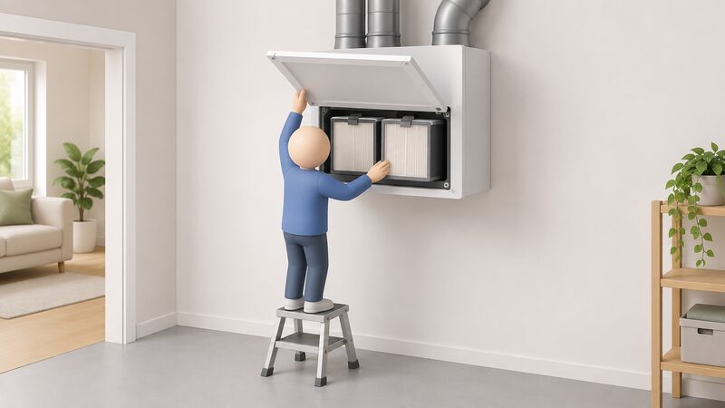 A simplified isometric figure on a small step stool lifts open the front maintenance panel of a compact wall-mounted heat recovery ventilation unit in a home, revealing two slide-out air filters inside the counterflow unit.