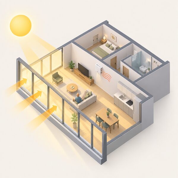 A cutaway view of a modern single-aspect flat with large floor-to-ceiling windows on its sun-facing side, sunlight streaming through the glazing onto the room beyond, with a mechanical ventilation unit on the wall unable to dispel the heat.