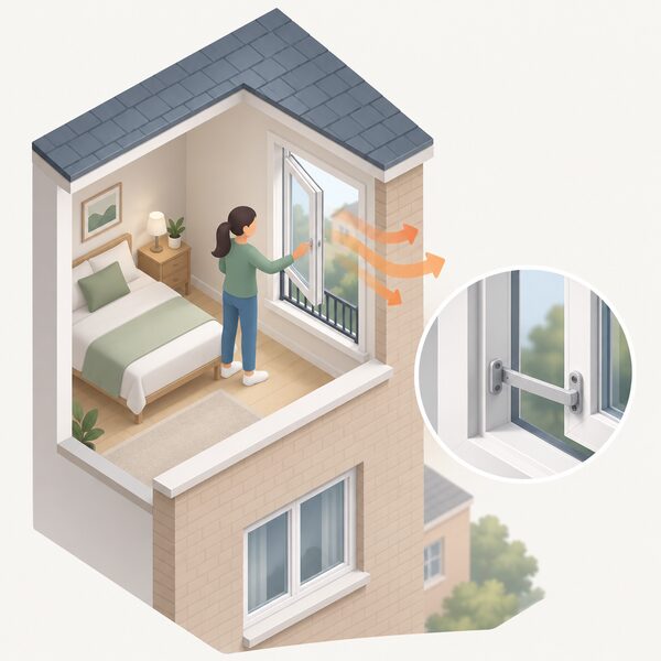 A simplified isometric figure inside a home pushes open a casement window on an upper floor, with a safety restrictor limiting the opening, while warm air is shown drifting out and a low guard rail visible at the sill.