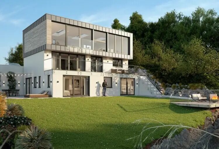 A modern two-storey house with large glass windows and a lawn, appearing to be an architectural render of a case study property
