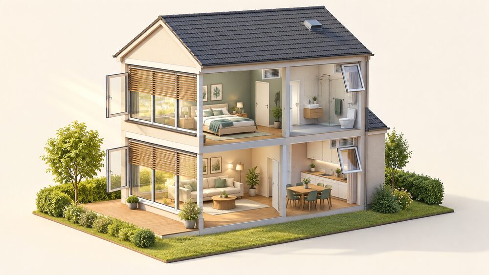 A cutaway two-storey house on a sunny day, with large west-facing windows on the sunlit side, blinds partly drawn, and openable windows shown open to let heat escape from the rooms.
