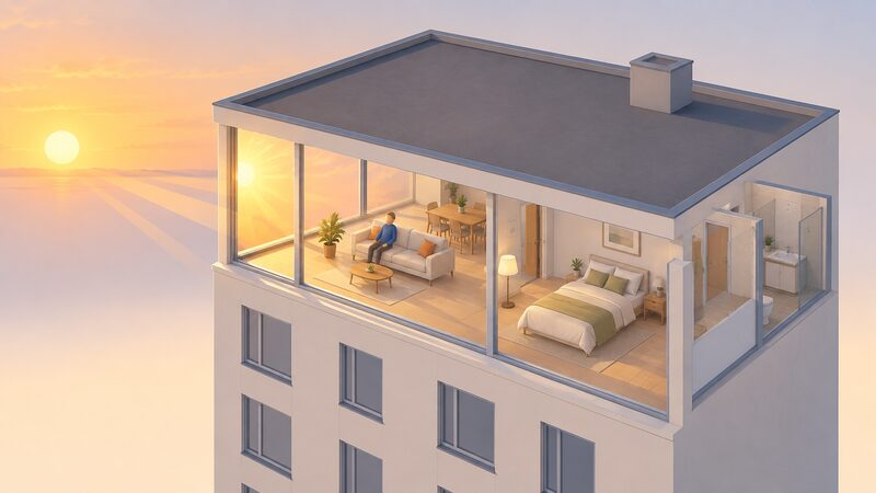A cutaway isometric view of a top-floor flat with large west-facing windows and no external shading, the sun low in a warm evening sky shining directly onto the glass, with no trees or neighbouring buildings casting shade on the exposed roof and walls.