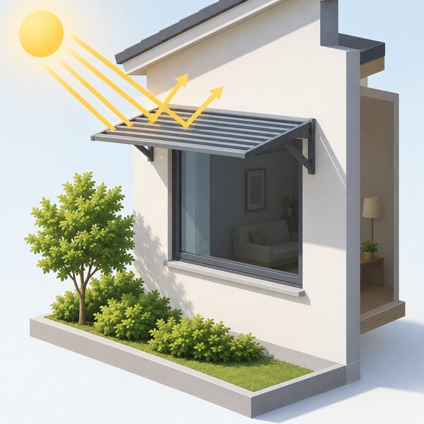 A new home's window on a sunny day with an external shading device, such as an awning or fixed louvre canopy above it, blocking angled summer sun so light and heat stay outside the glazed opening, with no mechanical cooling equipment anywhere in the scene.
