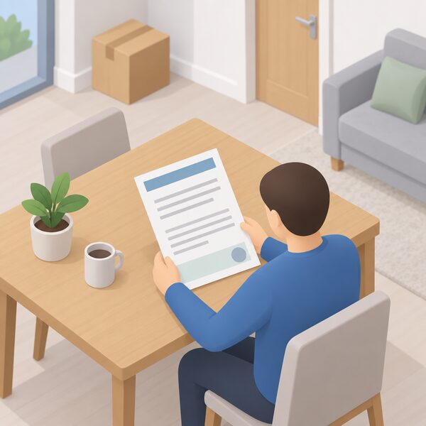 A completion certificate shown as a physical document lying on a table in a new home, its content rendered only as blank lines and plain colour bands, with a simplified figure of the owner holding or reading it to demonstrate the Scottish certification evidence.