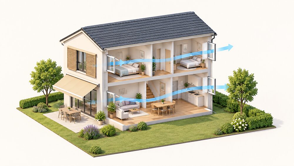A cutaway of a small new house on a sunny day, with external shutters or an awning shading large windows on one facade and windows open on the opposite facade, showing a cross-ventilation route through the rooms.
