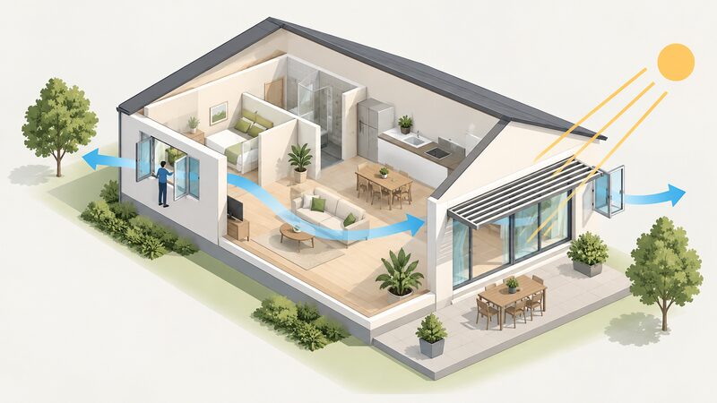A simplified isometric new-build house with openable windows on two opposite aspects, an awning or brise-soleil shading the sun-facing glazing, and arrows showing cross-ventilation passing through the home from one side to the other.