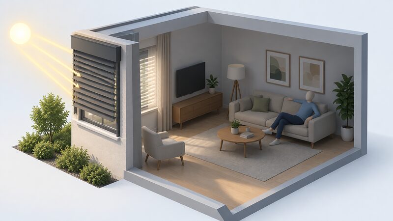 A cutaway living room in afternoon sun with external shutters partly closed over the window outside, angled slats blocking low sunlight so only soft light enters the room, while a simplified figure relaxes on a sofa in the cool shaded interior.