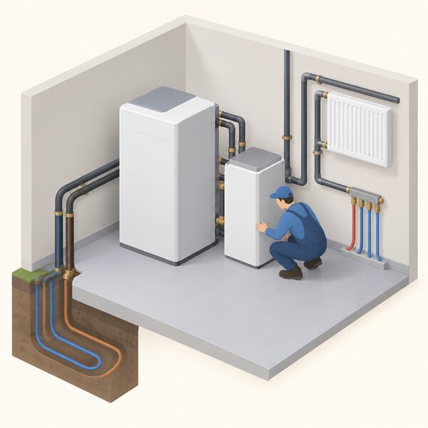 An installer crouching beside an indoor ground source heat pump unit with a small additional cooling module fitted alongside it, checking the connection between the two units and the pipework running to the ground loop and emitters.