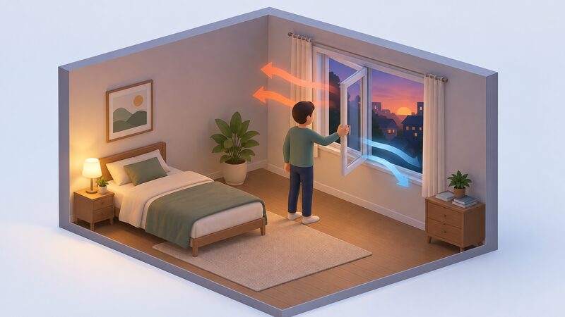 A simplified homeowner figure stands inside a room at dusk, pushing open a casement window while warm indoor air flows out and cooler evening air flows in, purging the day's stored heat.