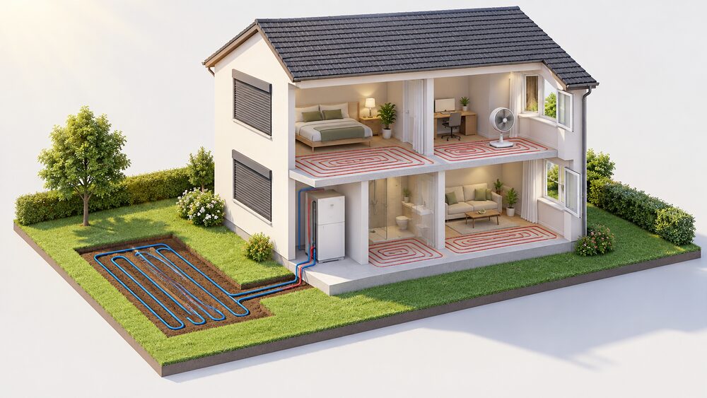 A cutaway house on a sunny day with external shutters closed over sun-facing windows, other windows open for ventilation, a fan inside one room, and a loop of pipe buried in the garden connected to a ground source heat pump unit indoors serving underfloor heating pipes in the floor.