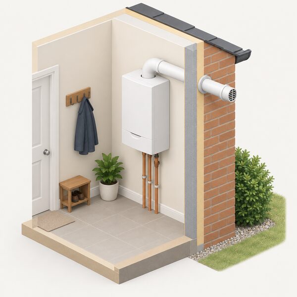 A small isometric cutaway of a UK home corner showing a wall-mounted gas boiler indoors with its flue pipe passing horizontally through the outside wall to a terminal outside, with no air conditioning unit present.