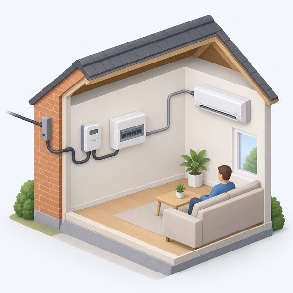 A cutaway domestic setting showing the incoming grid electricity supply cable reaching an electricity meter and a consumer unit, with a cable running onward to a wall-mounted air conditioning unit that draws on that supply.