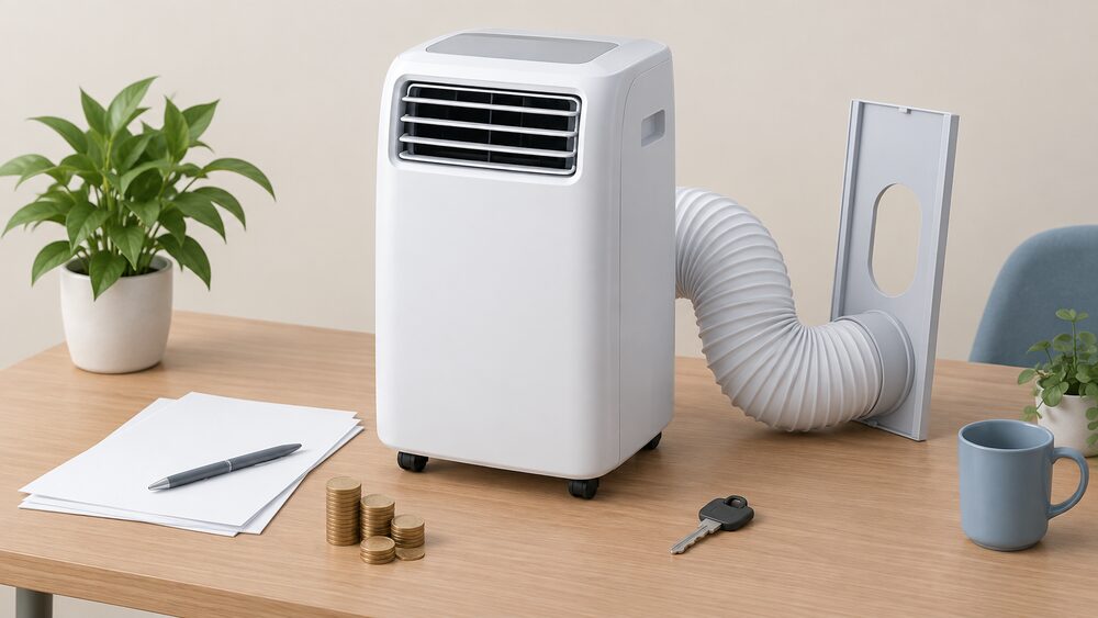 A small portable air conditioning unit with its flexible exhaust hose and window sealing plate stands on a table beside blank paperwork, a house key and a small stack of coins, suggesting a household weighing up the cost of buying cooling for a flat.