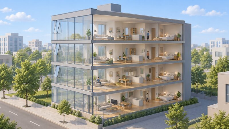 An isometric cutaway of a multi-storey converted office block showing wide continuous glass façades on each floor and deep floor plates, with simplified flat interiors extending far back from the windows and only a few small opening window panels, under a bright summer sky.