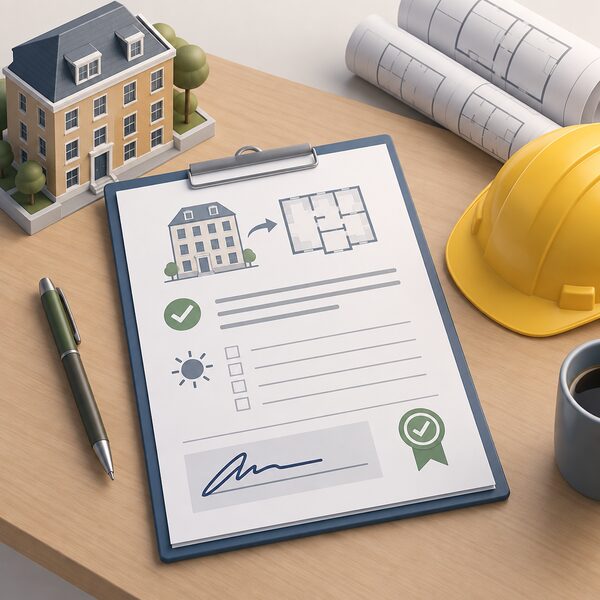 A building regulations approval document for an office-to-flat conversion lying on a table beside a hard hat and rolled floor plans, its signature block completed but the overheating assessment section left as blank unchecked lines.