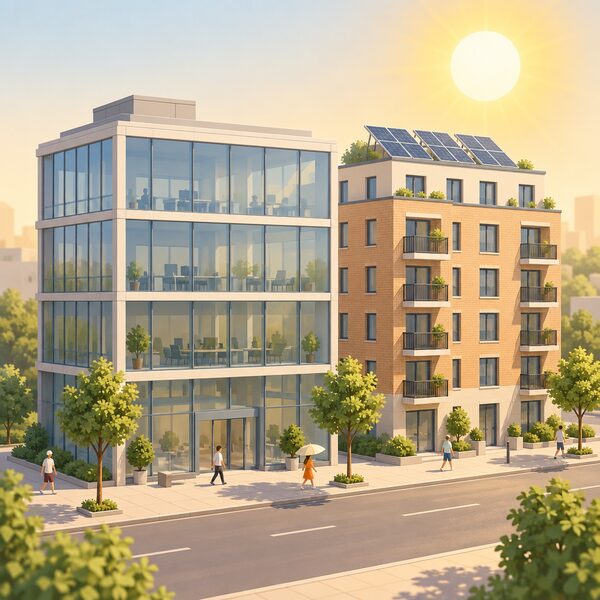 A street scene in a heatwave showing an older converted office building with large blank glass facades beside a newer residential block with smaller windows and rooftop solar panels, both under a blazing sun.