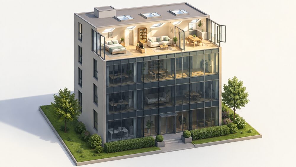 A cutaway of a converted office block on a sunny afternoon, its large glazed façade facing the sun, with the top-floor flat fully open to view showing a bed, sofa and open windows, while lower floors sit in the shade of neighbouring buildings.