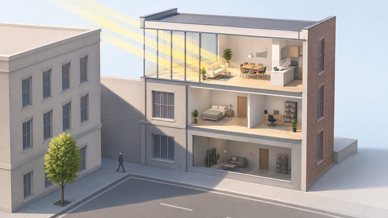 A cutaway section drawing of a converted office building showing an upper-floor flat with a large south-west facing glazed façade, sun rays passing through the glass into the room, while at street level a neighbouring building shades a lower-floor window.