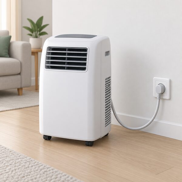A close-up of a portable air conditioner's moulded plug pushed fully into a single wall socket, its thick cable running back to the unit standing on the floor nearby, with no extension lead or other appliance sharing the socket.