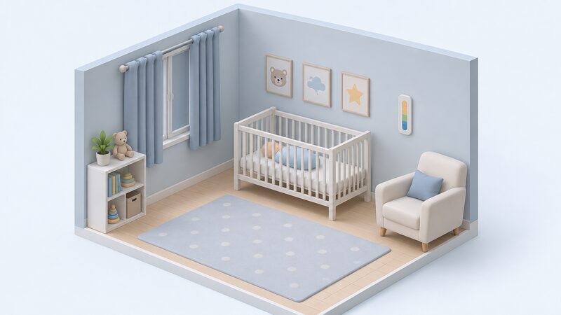 A small nursery bedroom with a baby's cot against the wall and a simple room thermometer mounted on the wall nearby, drawn as a calm, cool-toned room with a closed window and plain curtains, showing a safe sleeping environment rather than any cooling equipment.