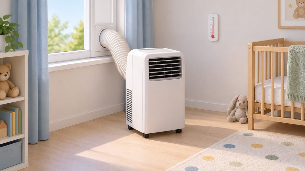 A wheeled portable air conditioner standing on the nursery floor near the window, its exhaust hose sealed into a window fitting that vents outside, with a simple room thermometer on the wall nearby and the unit clear of the cot for filter access.