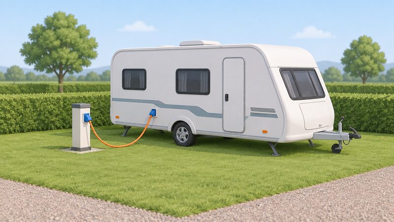 A caravan on a grass pitch with a hook-up bollard beside it, a single cable running from the bollard to the caravan's side socket, the bollard prominent as the source of the van's electricity supply.