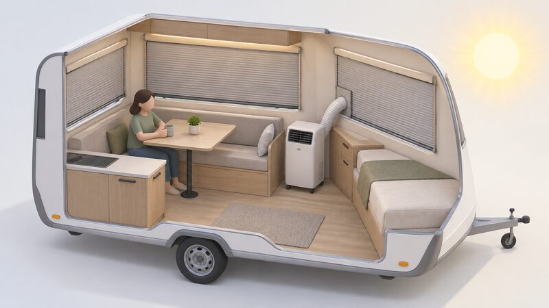 A compact caravan interior with a small portable air conditioner standing in the corner, its flexible duct led to a window opening, while the large caravan window blind is fully drawn against bright sun outside.