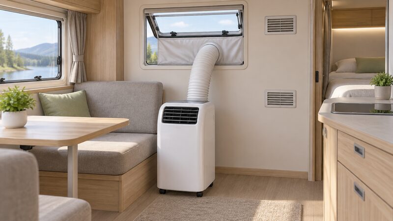 A small caravan interior with a portable air conditioner on the floor, its exhaust hose running up to a top-hinged window where a fabric window kit is fitted around the partly opened window and the hose is sealed into it, with the van's fixed wall vents left clear.