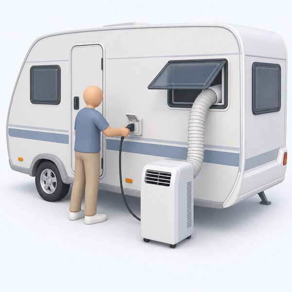 A small portable air conditioner standing on the ground beside a caravan, its flex running to the caravan's hook-up supply point and its flexible vent hose leading through a window opening to the outside, with a simplified figure plugging the moulded plug into the hook-up socket.