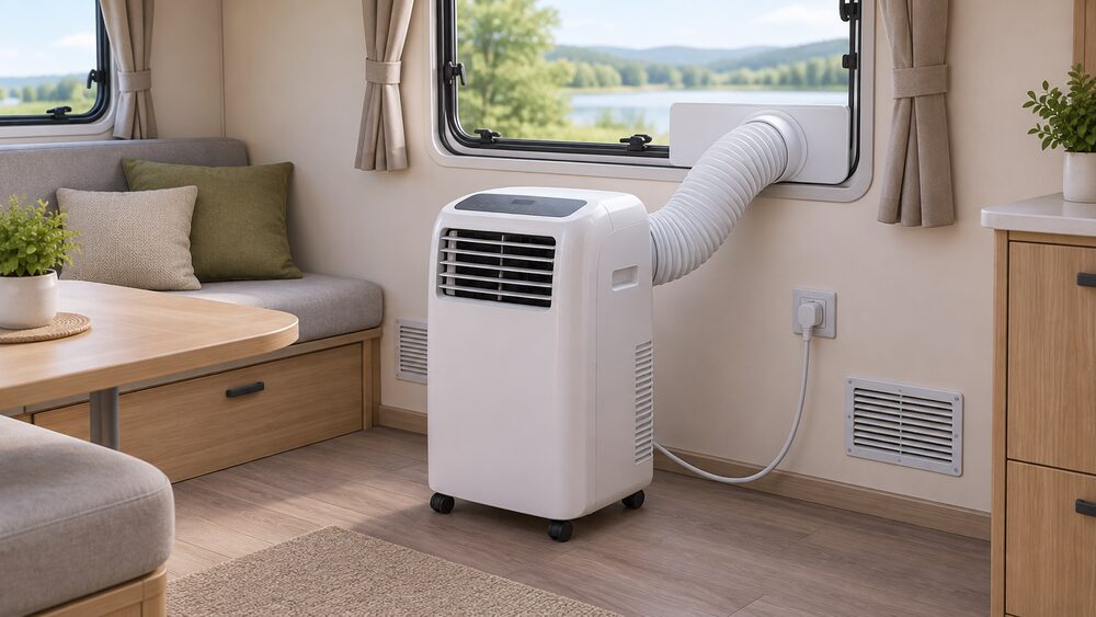 A wheeled portable air conditioner standing on the floor inside a caravan, its flexible exhaust hose sealed into a special fitting in the caravan window, with its power lead running to a hook-up socket and the van's fixed vents left open.