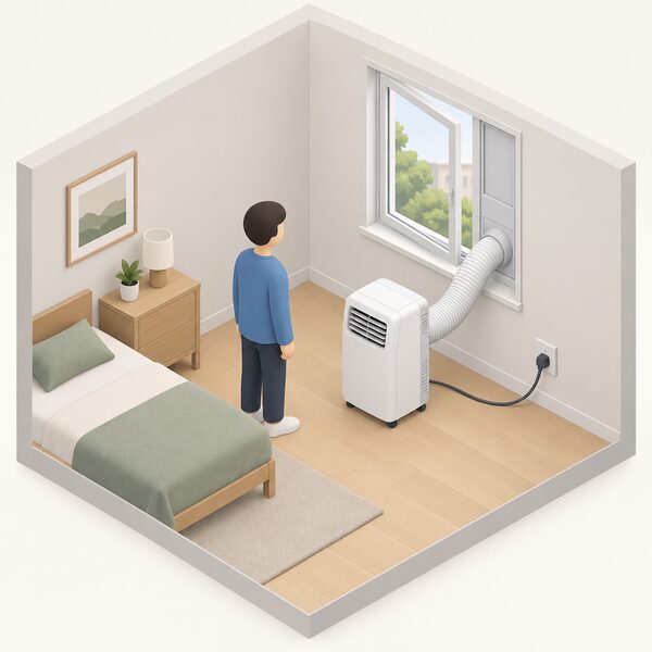 A small isometric figure stands beside a portable air conditioner on the floor of a rented room, its flexible hose running to a window kit fitted in the open window, with the unit's plug in a normal wall socket and no drilling or permanent fixings anywhere.
