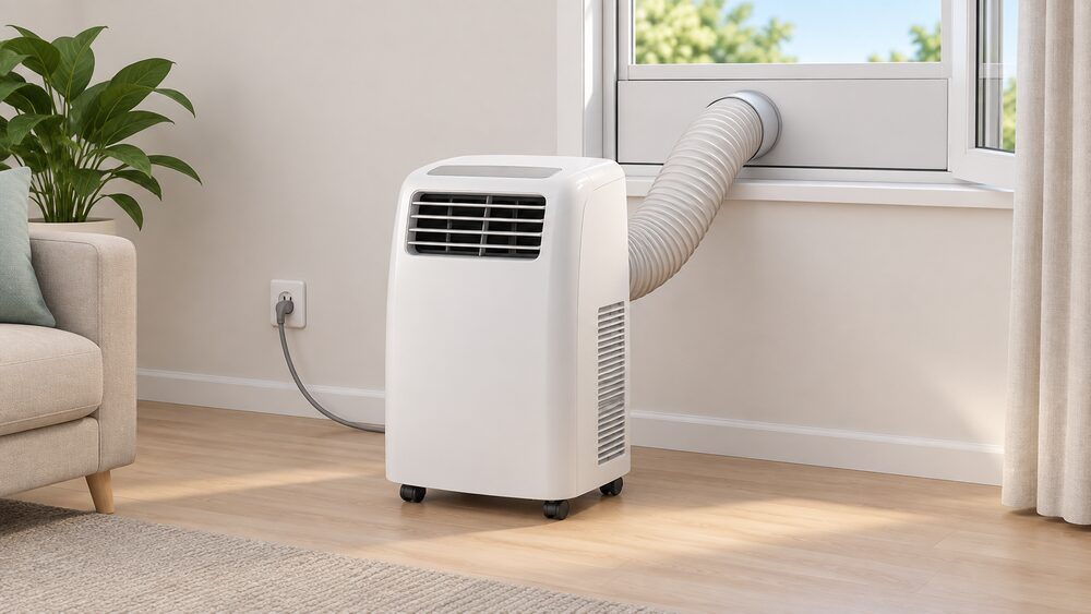 A portable air conditioner on castors stands close up in a room, its flexible exhaust hose running up to a window kit panel fitted in the open window frame, with the unit's power lead plugged into a wall socket nearby.