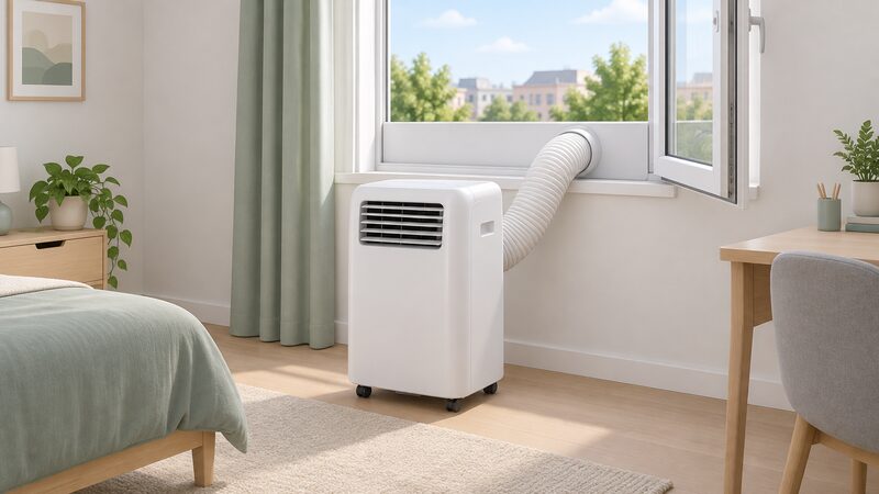 A portable air conditioner on castors stands beside an open window in a rented room, its single exhaust hose running from the back of the unit into a fitted window kit panel that seals the opening, with no fixed wall penetration anywhere in the scene.