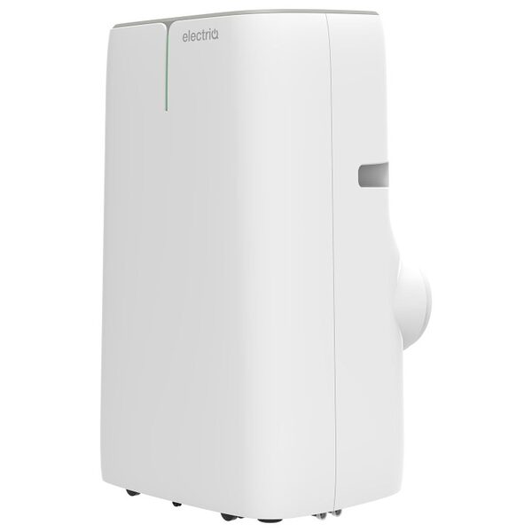 A white electriQ portable air conditioner and heater unit shown from the side on a plain background