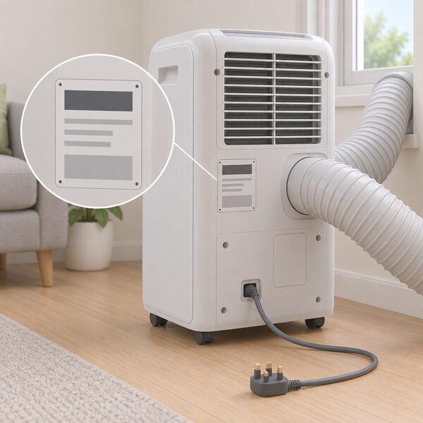 A close-up view of the rating plate on the back of a portable air conditioner, drawn as a physical label with blank lines and plain blocks standing in for its power rating and other details, with the unit's vent hose and plug visible nearby.