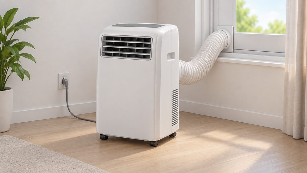 A portable air conditioner standing on a floor in a room, its flexible exhaust hose running to a window kit, with its mains plug in a standard wall socket nearby.